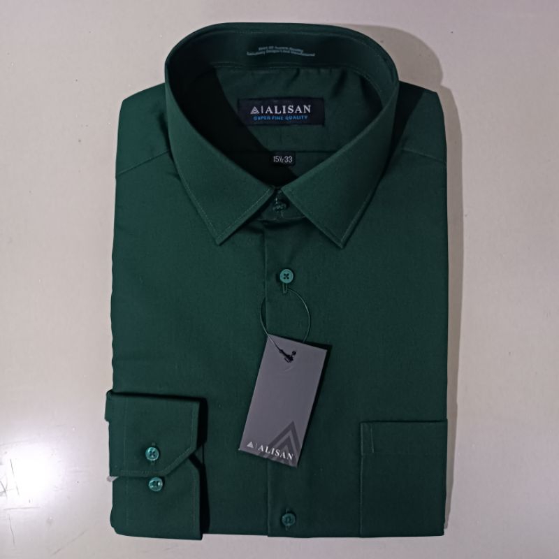 Alisan Kemeja Pria Polos Hijau Botol1 Lengan Panjang Reguler
