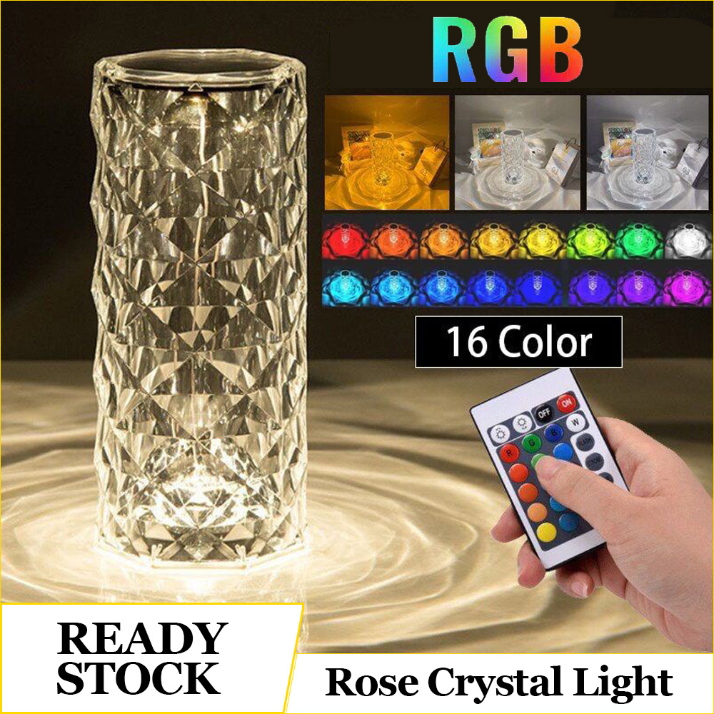 USB Isi Ulang Lampu Meja Kristal RGB 16 Warna LED Suasana Lampu Malam Crystal Rose Light