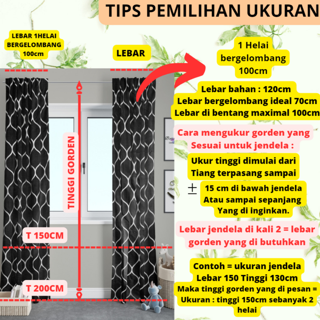 Gorden Jendela/Pintu Mewah/Hordeng Gelombang Cantik FREE HOOK dan TALI