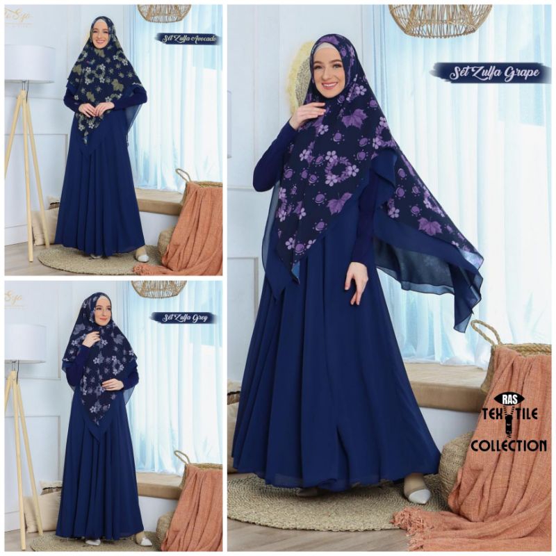 Set Gamis Dress Ceruty Babydoll Syari Branded Printing Navy - Grey - Avocado - Grape Mewah Masya Sya