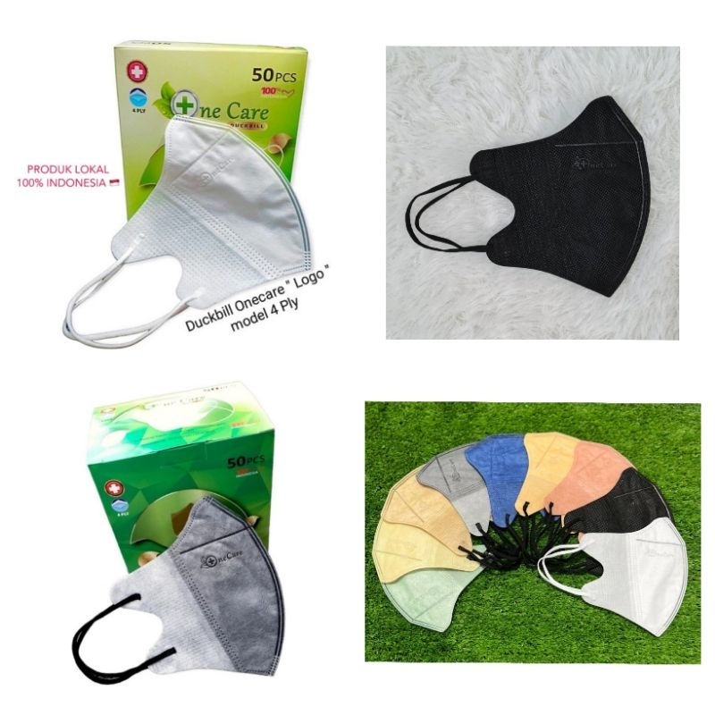 Masker Duckbill OneCare 4 ply isi 50 pcs Putih Hitam Abu Abu Mix Warna Warni Emboss Earloop Tebal De