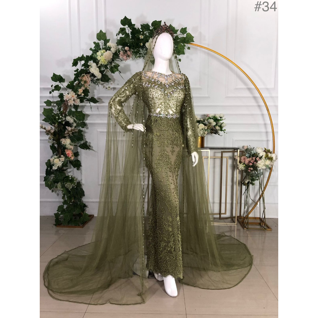Kebaya pengantin wanita modern slim mutiara hijau army full mutiara