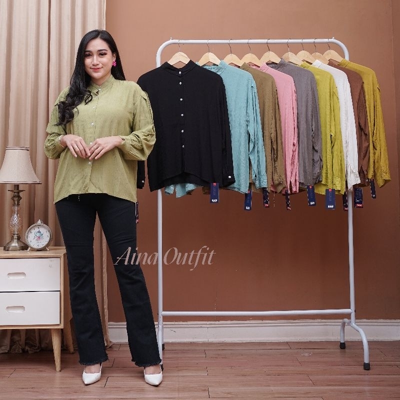 KEMEJA REVA CRINKLE RAYON PREMIUM//ATASAN WANITA LENGAN BALON