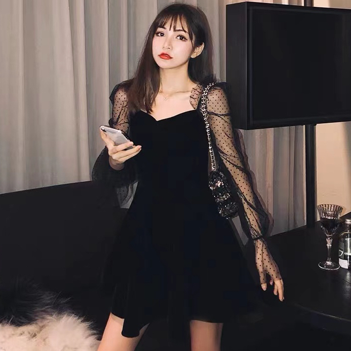 LB Dress with Mesh Sleeve / Dress Pendek Wanita Pesta Prom Casual Black Bahan Velvet  Suede Bludru