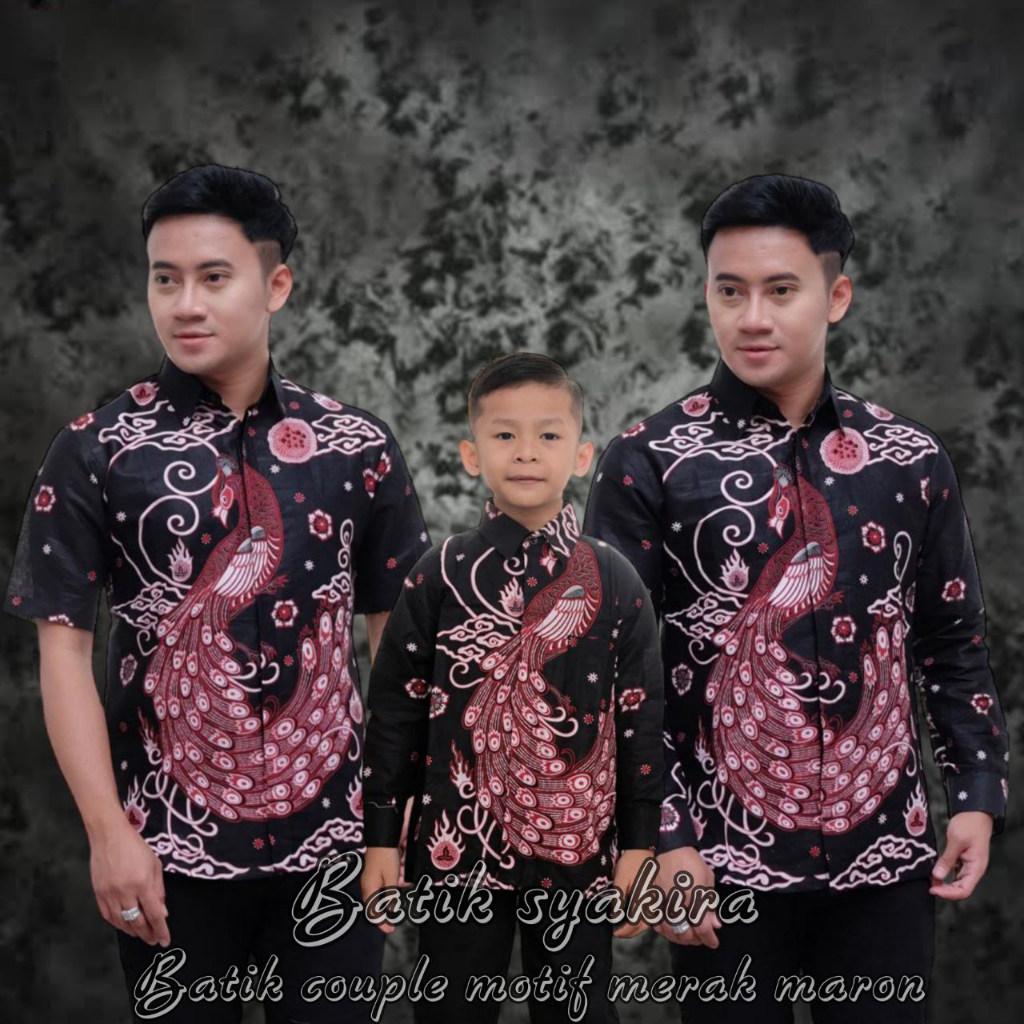 BAJU BATIK COUPLE AYAH ANAK LENGAN PENDEK, BAJU BATIK PRIA MERAK HITAM MARON, BAJU ANAK COWOK COUPLE