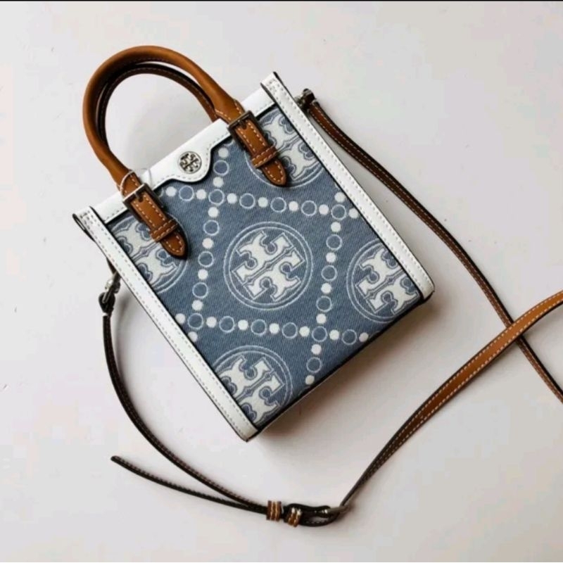 Tory Burch TB mono denim tote Serut Sling  bag Jacquard MIRROR NEW