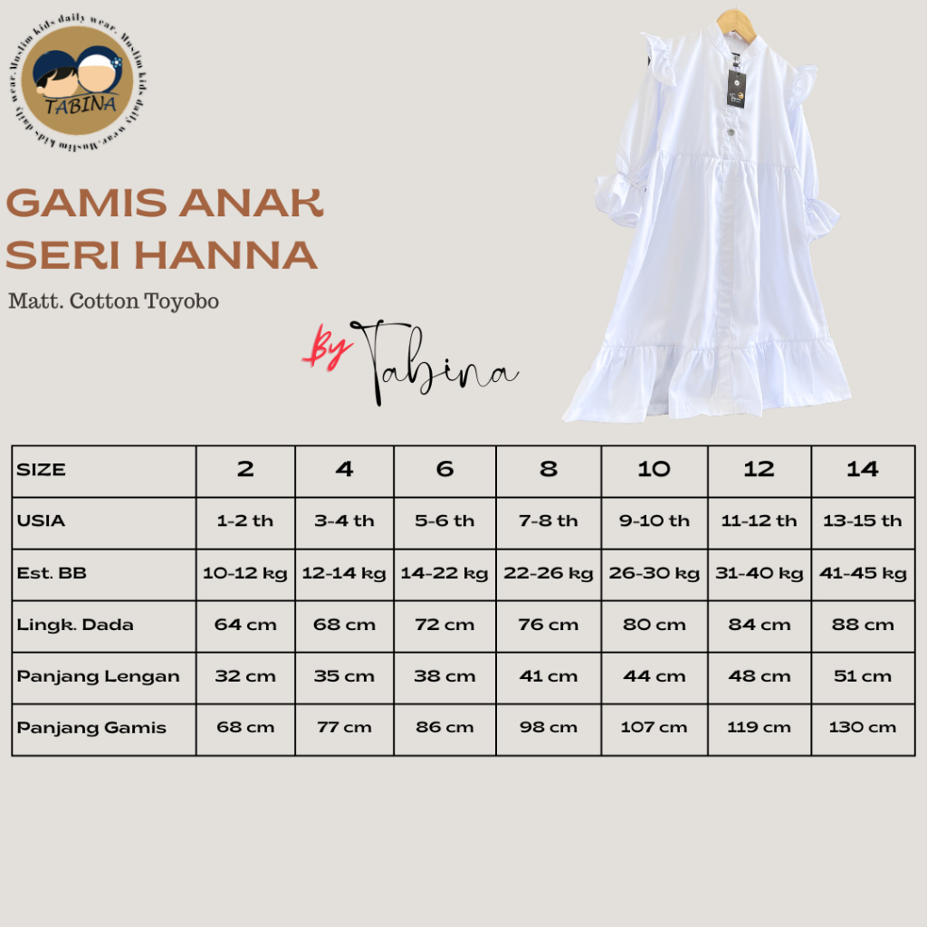 Gamis Anak Perempuan Putih Bahan Katun Toyobo Tabina Seri Hanna usia 2 hingga 16 tahun max BB 50 kg