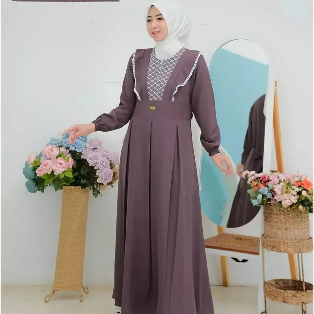 Gamis Dress Wanita Muslim Terbaru Dress Busui / Zipper Depan Aplikasi Renda Tali Pinggang Kiri Kanan Shera Maryam Maxy