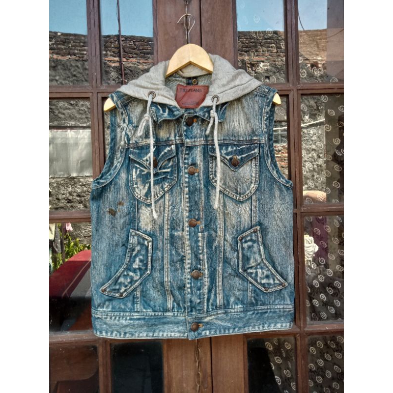 Vest Jeans Denim Jacket Hoodie Mens Large TBJ