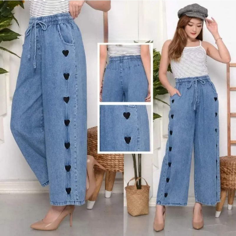 Kulot Jeans Love Wanita Dewasa Pinggang Full karet melarje ans washed kulot jeans highwaist wanita