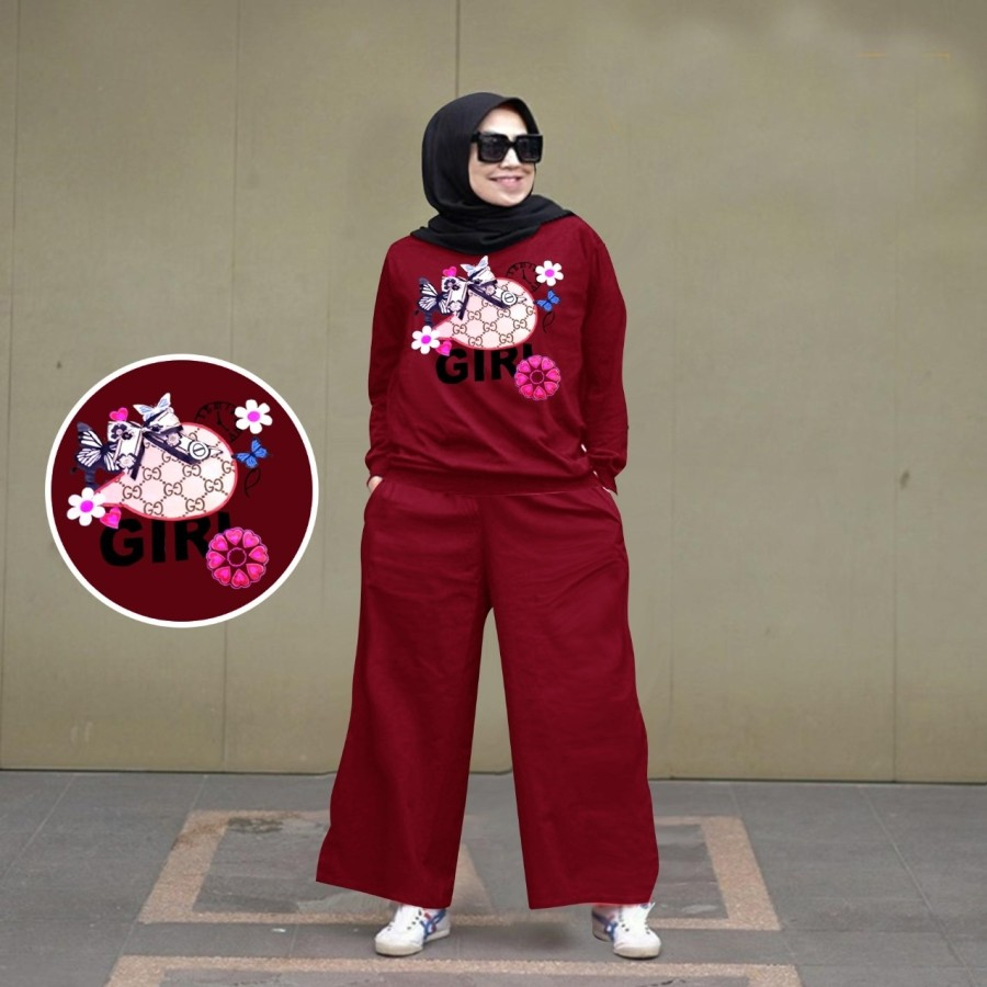 Oneset Baju Setelan Celana Kulot Jumbo Indah 2in1 Joging Senam Gowes Wanita Dewasa Bigsize Oversize 