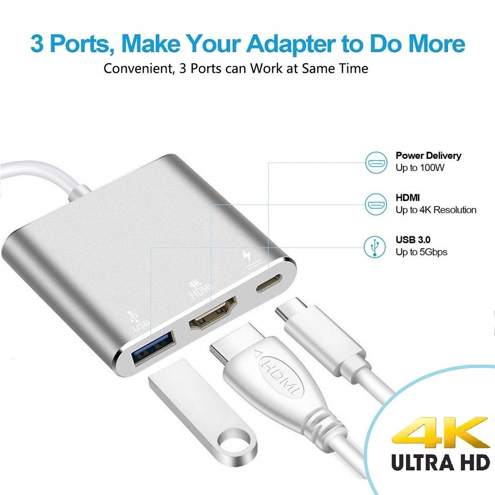 Converter Konektor USB Type C to 3 in 1 HDMI Converter USB 3.0 Type C