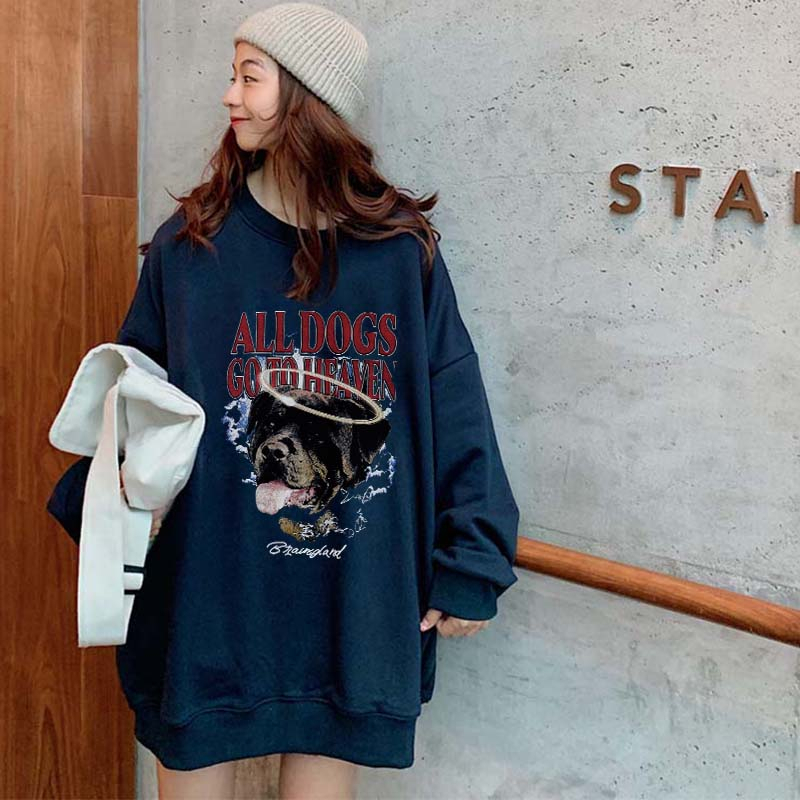 Kaos Stasan Wanita Oversize Sweater American Vintage Cartoon Graphic Dog Priting Top Kekinian Casual Sweater