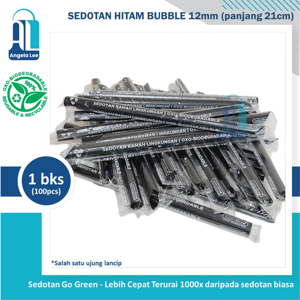 Sedotan Bubble Plastik Hitam Lancip Ramah Lingkungan GoGreen Higienes 6mm 12mm