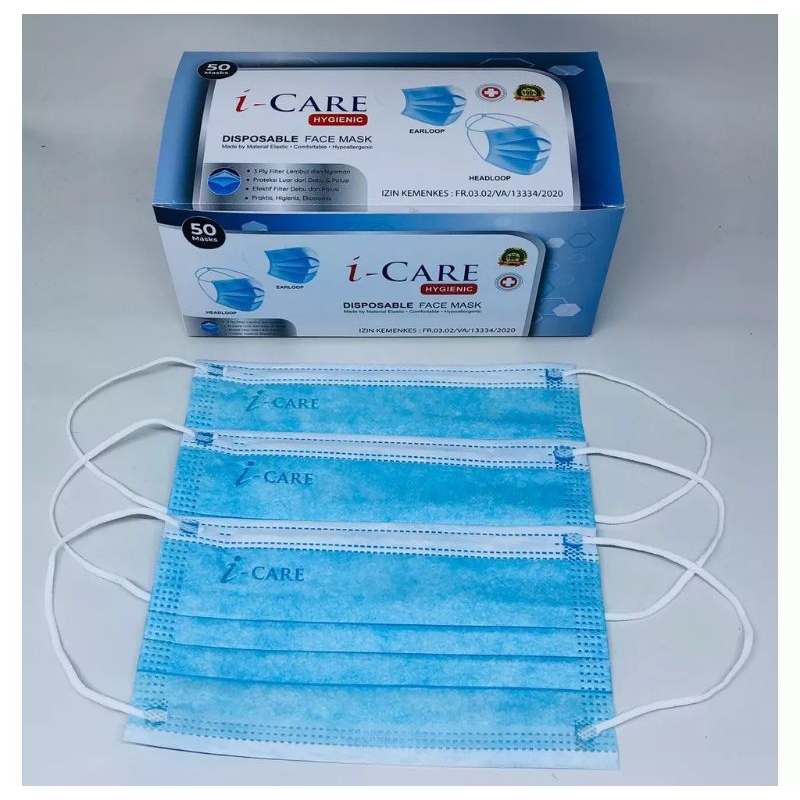 MASKER EARLOOP I-CARE 3 PLY BIRU DISPOSABLE FACE MASK ISI 50 PCS