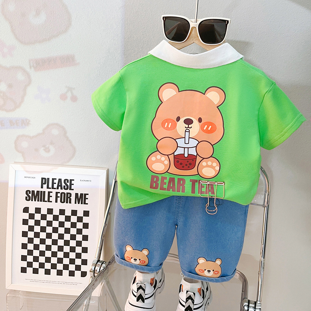 Setelan Kaos Anak Laki Laki Baju Set 2in1 DUTT0N Kaos Polo dan Celana jeans Pendek 1 - 6 tahun Korean Style Import