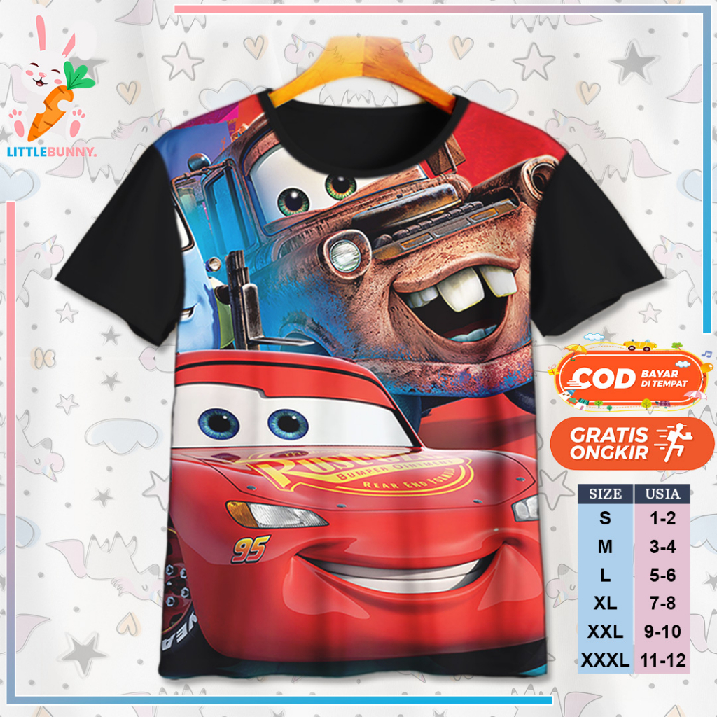 BAJU KAOS ANAK KARTUN 3D DISNEY CARS MCQUEEN V20 / KAOS ANAK 3D CARS MCQUEEN - LITTLE BUNNY