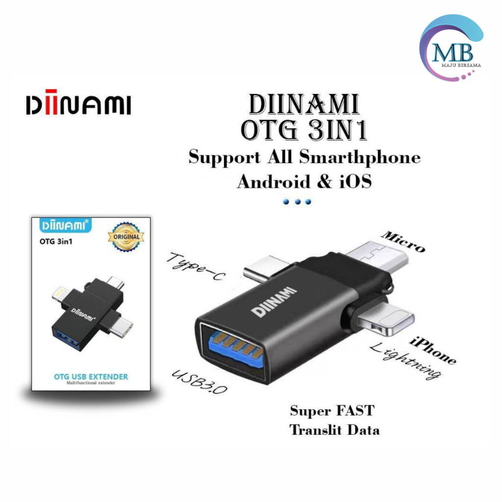 ￼DIINAMI OTG 3in1 Type-C Lightning (iPhone usb ) Micro USB Type C Android Apple iPhone iPad Multi Devices MB5016