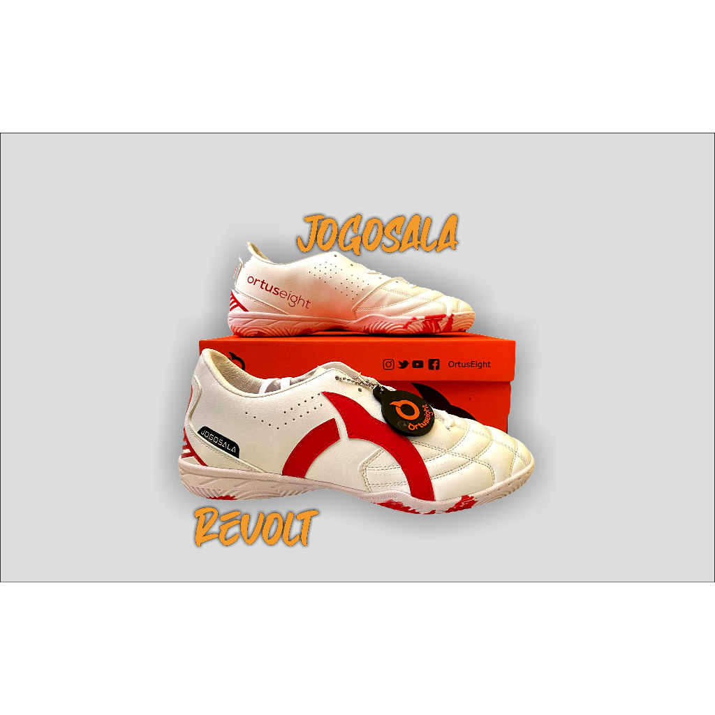 SEPATU FUTSAL ORTUS JOGOSALA REVOLT GRADE BINB WHITE IN LOGO RED FREE KAOS KAKI