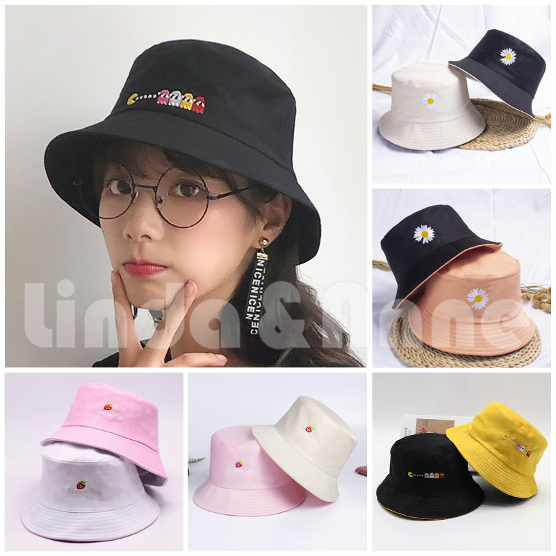 Topi Bucket Korea Bolak Balik Fisherman Lipat Motif Bordir Bunga Daisy Untuk Wanita Dan Pria