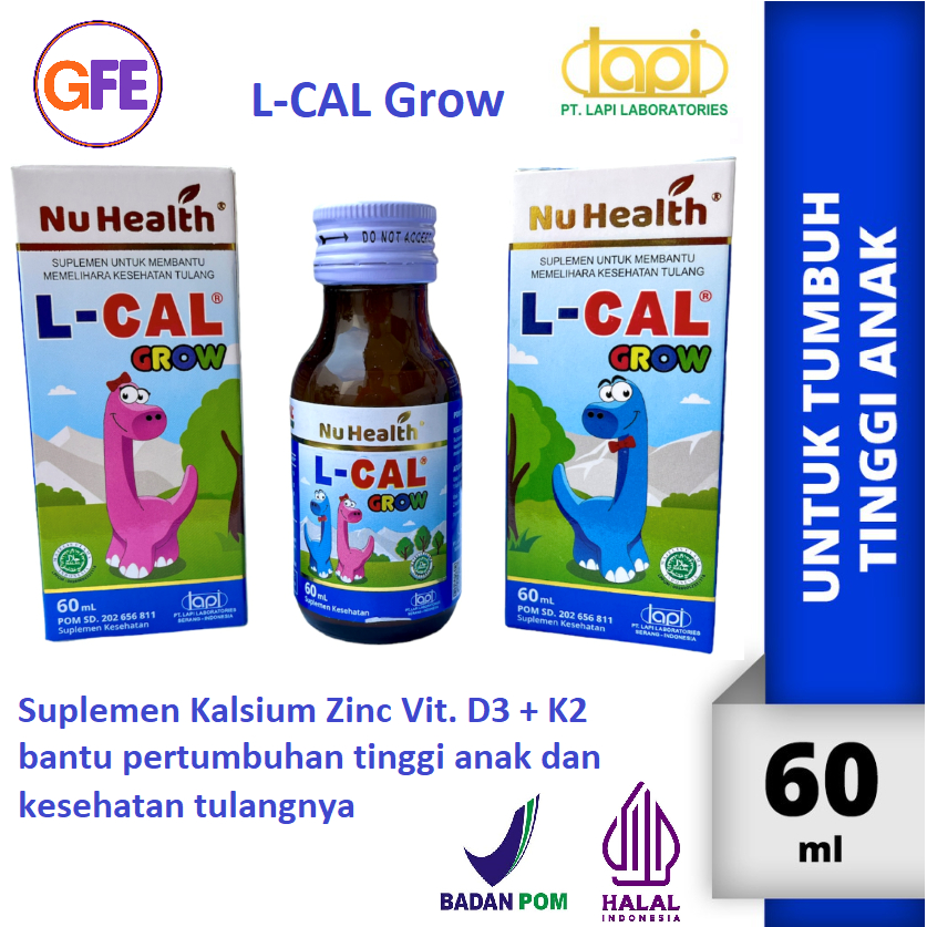L-CAL Grow Suplemen Tulang Tumbuh Tinggi Anak Kalsium Vitamin D3 K2 Zinc Sirup 60ml Nu Health LCal