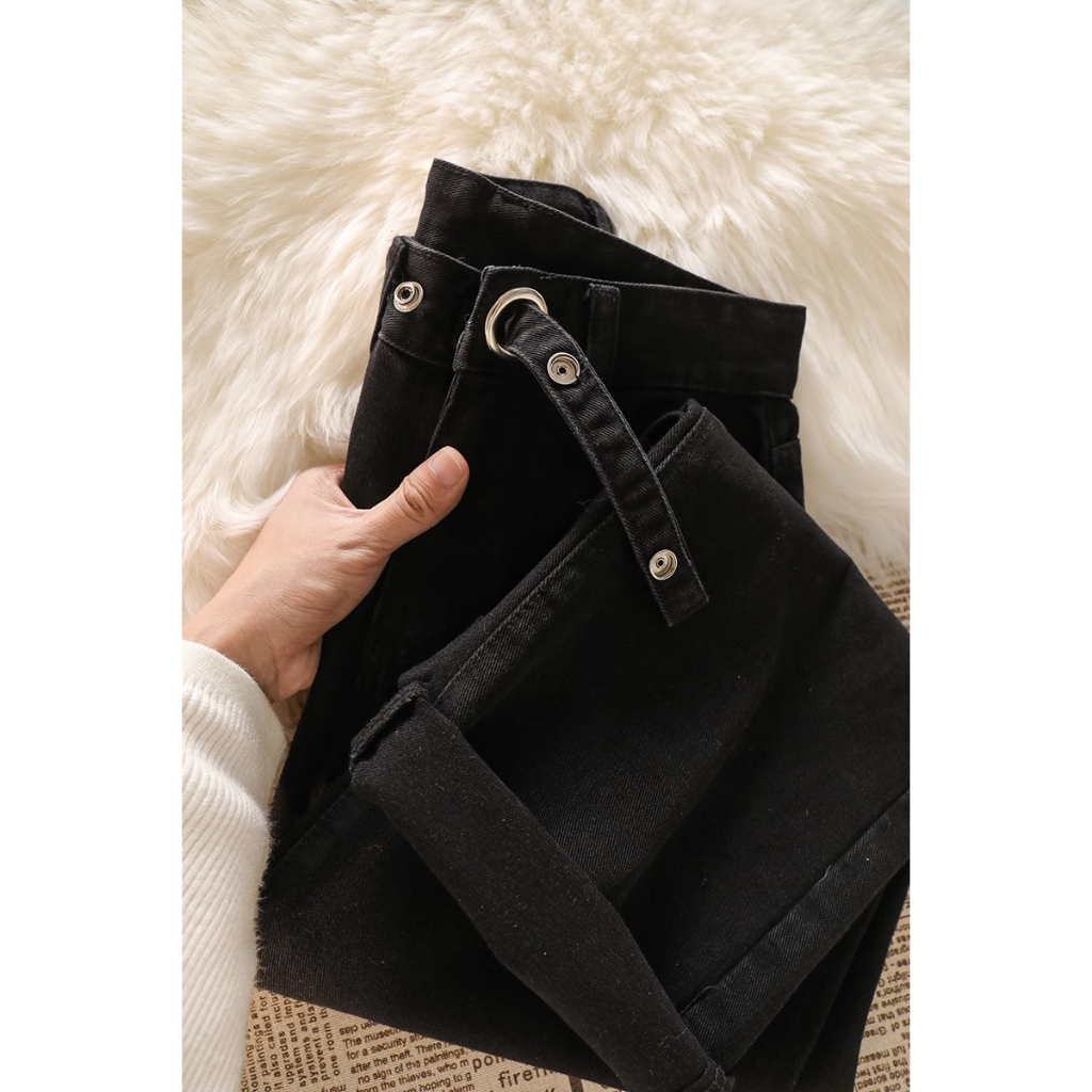 korea style highwaist straight loose kulot jeans wanita