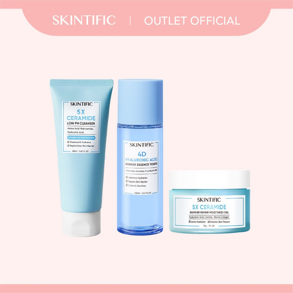 【Skintific Outlet Official】SKINTIFIC Blue Barrier Set - 5X Ceramide Low pH Cleanser Gentle Cleanser &amp; 4D Hyaluronic Acid ( Ha ) Barrier Essence Toner &amp; Barrier  Moisture Gel (Pembersih + Toner Pelembab + Pelembab Wajah)【BPOM】