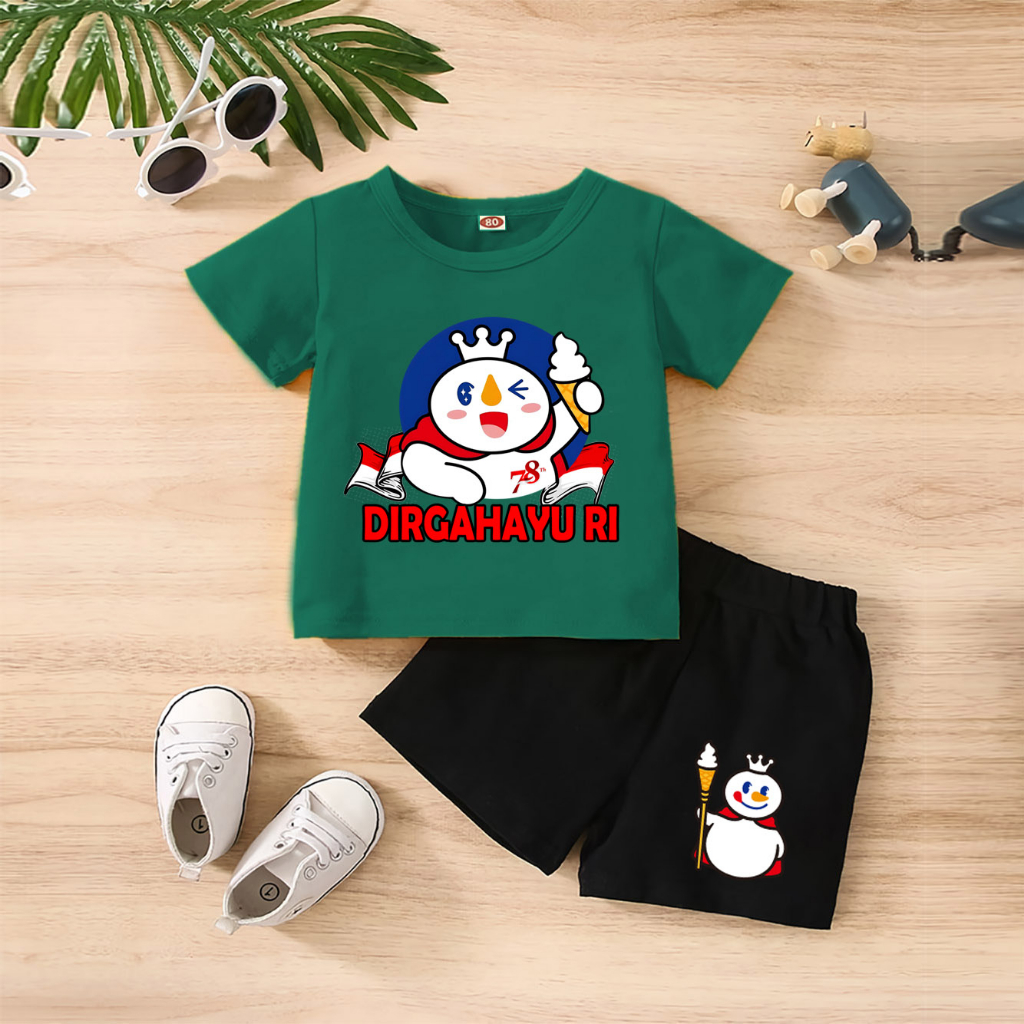 Baju Anak Stelan Kaos 3/4 MIXUE INFO HUT RI 78 NKRI INDONESIA PANCASILA Cowok Cewek  Usia 1 - 4  Tahun Celana Pendek Harian