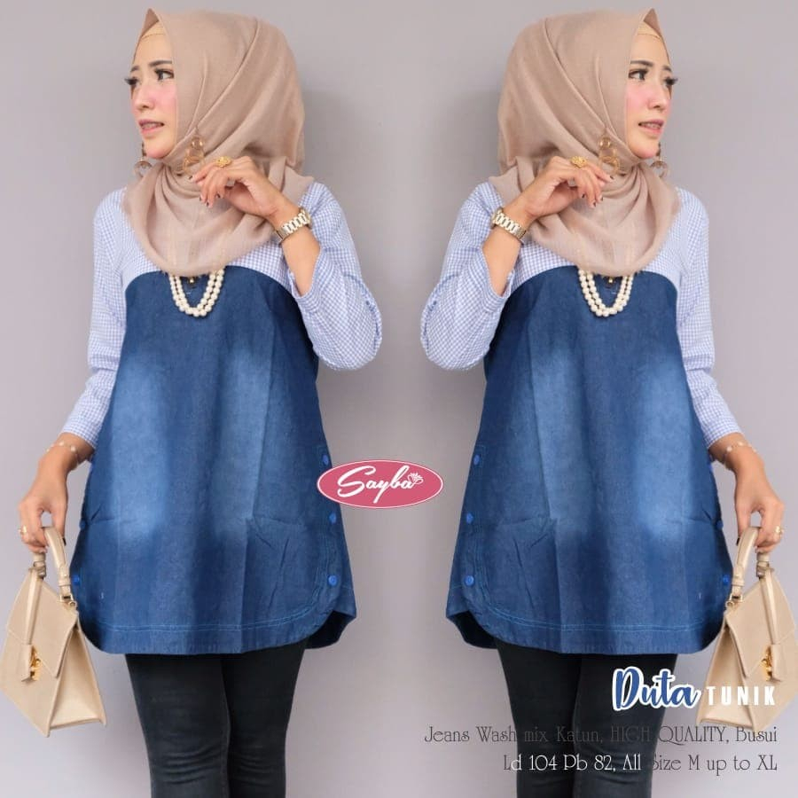 ELLI TUNIK / DUTA TUNIK / TUNIK JEANS KOMBINASI KOTAK / ATASAN JEANS WANITA