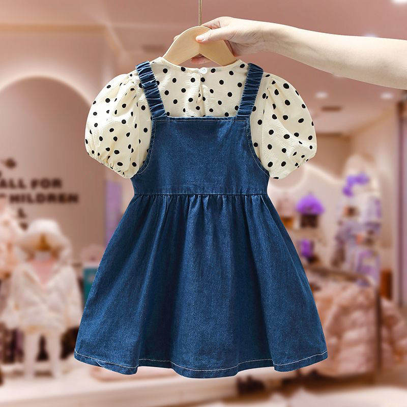 DR54-Dress Anak Perempuan Overall Kaos Polka + Overall Jeans