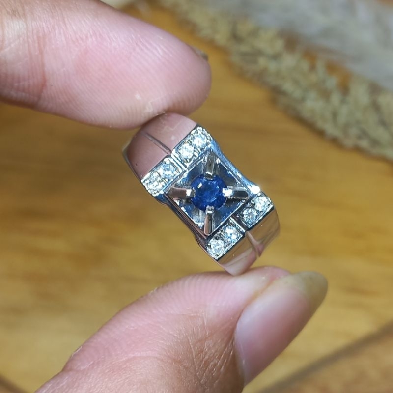 Cincin Batu Blue Safir Pria Berlian Asli Ring Silver