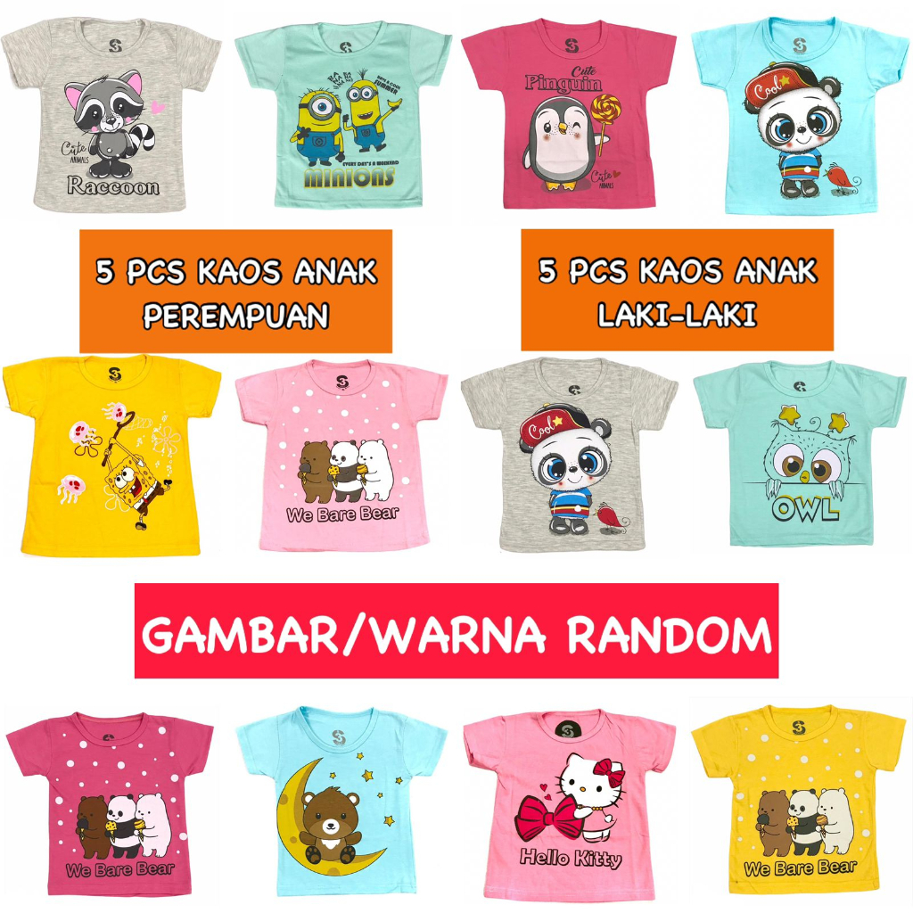 5 PCS BAJU ATASAN KAOS COMBED OBLONG ANAK LAKI-LAKI/PEREMPUAN/COWOK/CEWEK/UNISEX