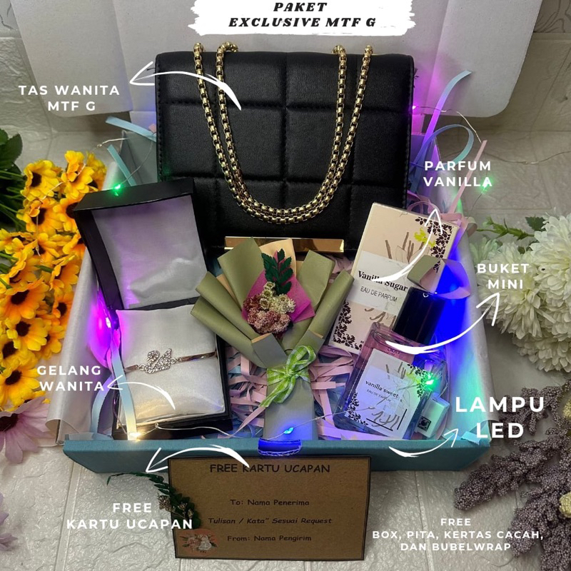 [READY/ HAMPERS TAS WANITA/ KADO TAS WANITA/PAKET EXCLUSIVE MTF/TAS WANITA/TAS CEWEK/ KADO ULANG TAHUN CEWEK/KADO WISUDA CEWEK/LED/PARFUM WANITA/BUKET BUNGA MINI/FREE GIFT]