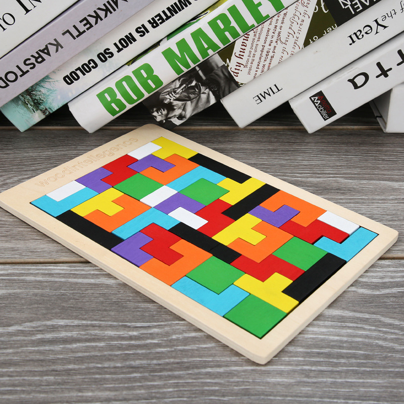 Mainan Anak Puzzle Kayu Tangram Tetris Russian Block Edukasi Shape Wood Intelligance