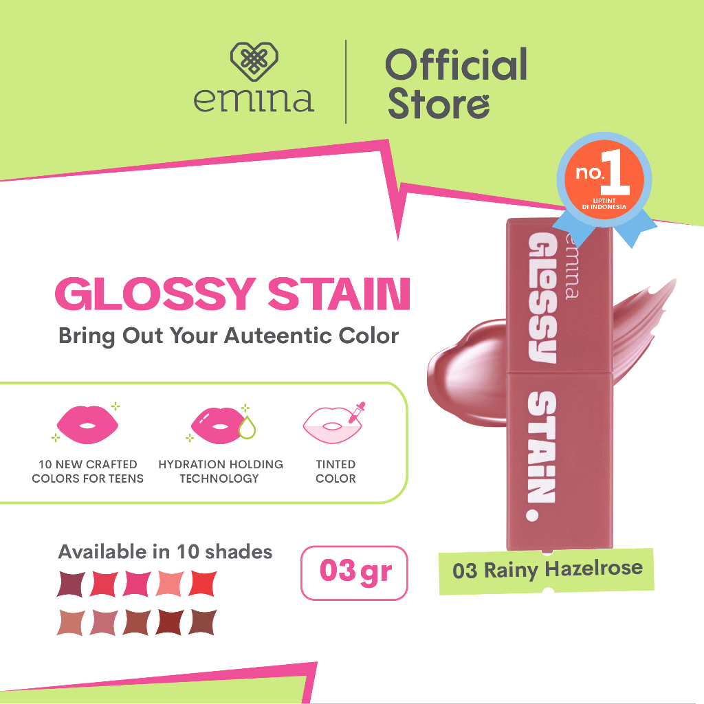 Emina Glossy Stain 3 g - Melty Gel Lip Tint Glossy Finish, Tahan Lama dan Melembabkan