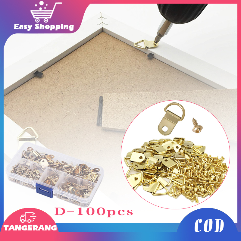 100pcs D Ring Picture Hangers Gold Picture Hook Painting Hanging Kit With Screws