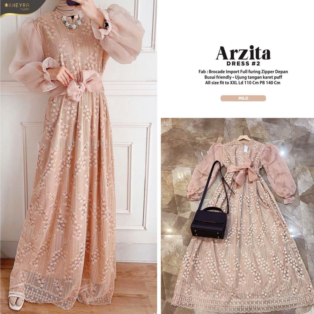 Hulya syari ARZITA Gamis Wanita Dress Brukat BROCADE ZIP ORGANZA Fashion Perempuan Cewek Putri Ibu M