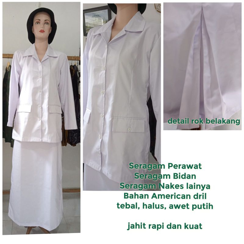 Seragam putih perawat bidan tenaga kesehatan baju dinas wanita putih bahan american drill
