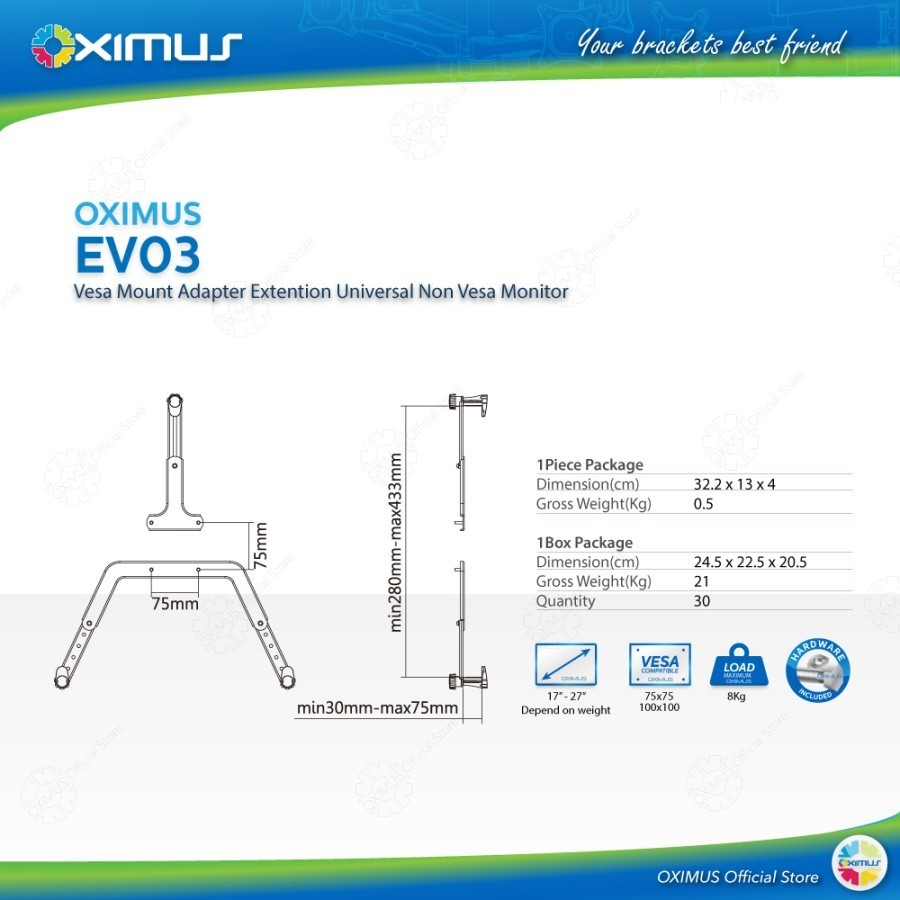 Vesa Mount Adapter Extention Non Vesa Monitor OXIMUS EV-03