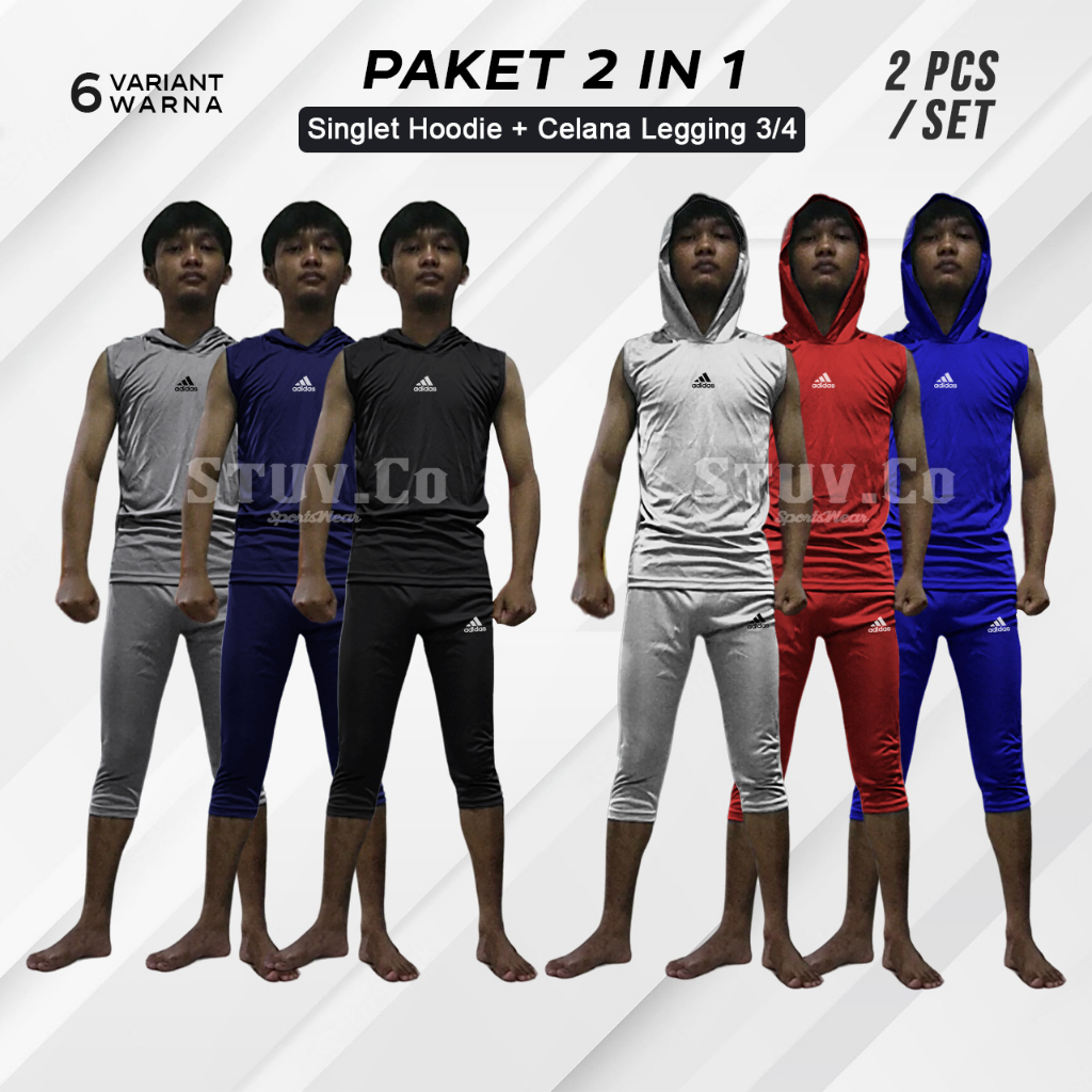 PAKET 2IN1 BASELAYER OLAHRAGA SINGLET HOODIE DAN LEGGING 3/4 FUTSAL SEPAKBOLA GYM FITNESS BASKET 6 WARNA