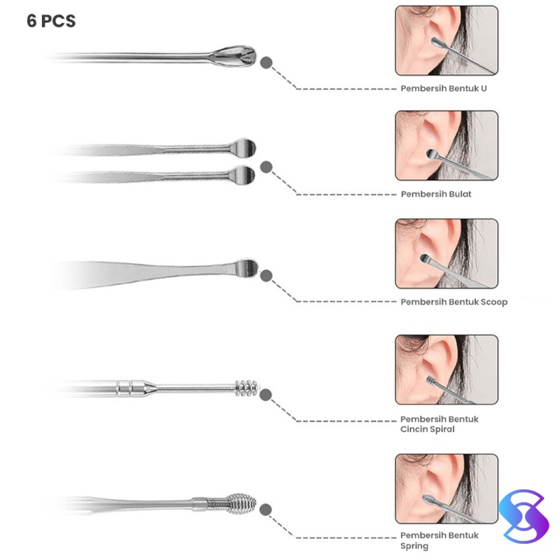 Korek Kuping Alat Pembersih Korekan Kotoran Telinga Satu Set Isi 6 Tabung Besi Anti Karat Aman Berkualitas Bahan Stainless Ear Pick Set 6in1 Ear Wax Picker Spoon Mini Kecil Lengkap ACK49