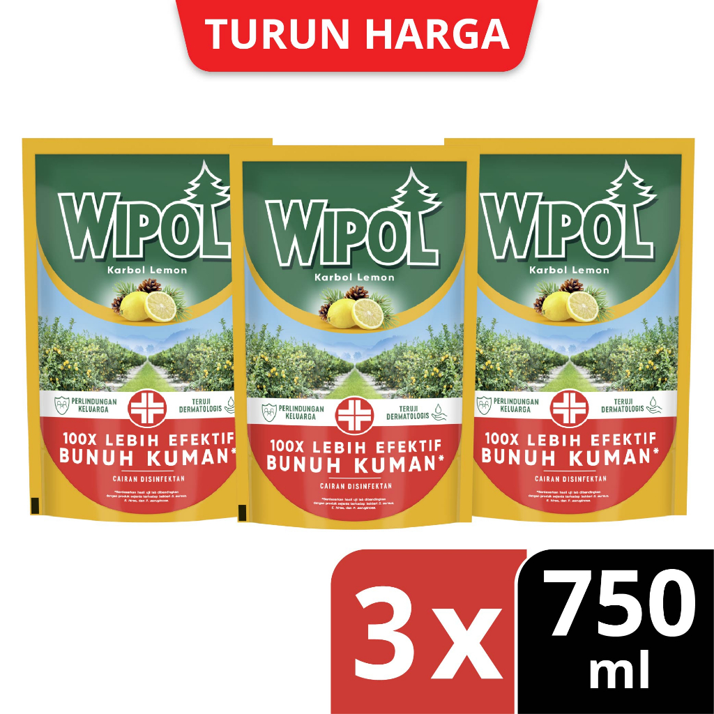 Wipol Pembersih Lantai Cairan Disinfektan Teruji Dermatologis Karbol Lemon 750 mL x3