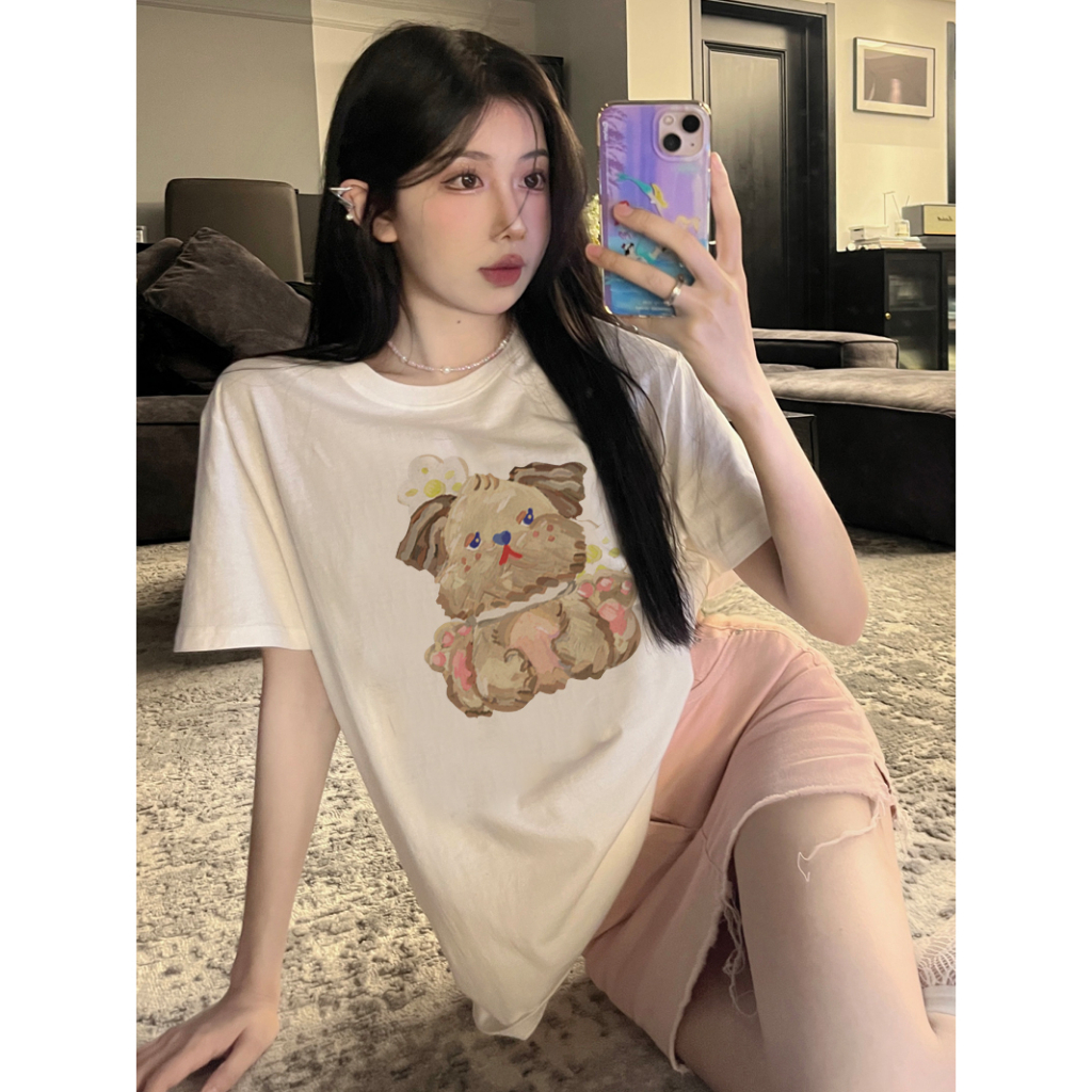 EUNII T-shirt Lengan Pendek Cartoon Oil Painting Dog Korean Style/Kaos Atasan Wanita/Baju Kaus Oversize Wanita/Kaos Wanita