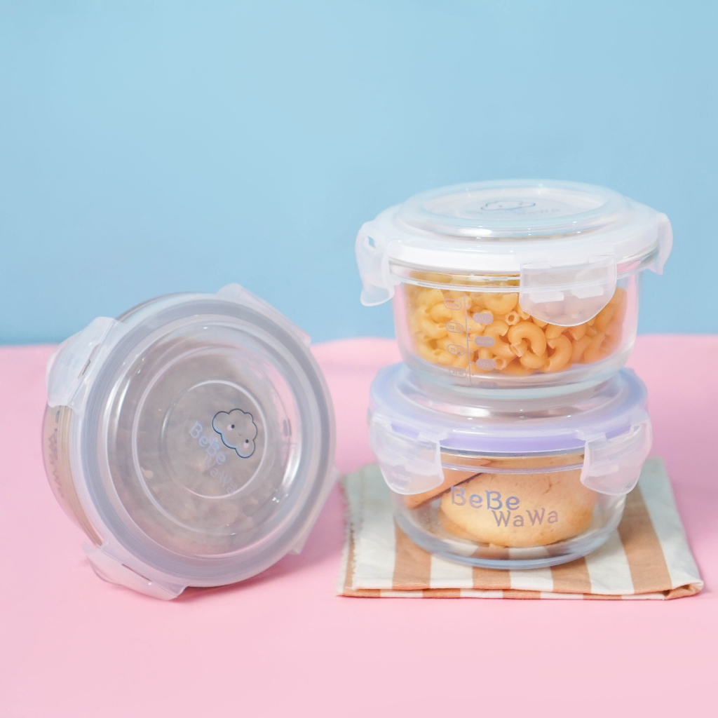 BeBeWaWa 3pcs 240ml Baby Glass Food Container BW003-2 / Glass Storage MPasi + penutup BPA FREE / Mangkok Kaca Tempat Makan Bayi