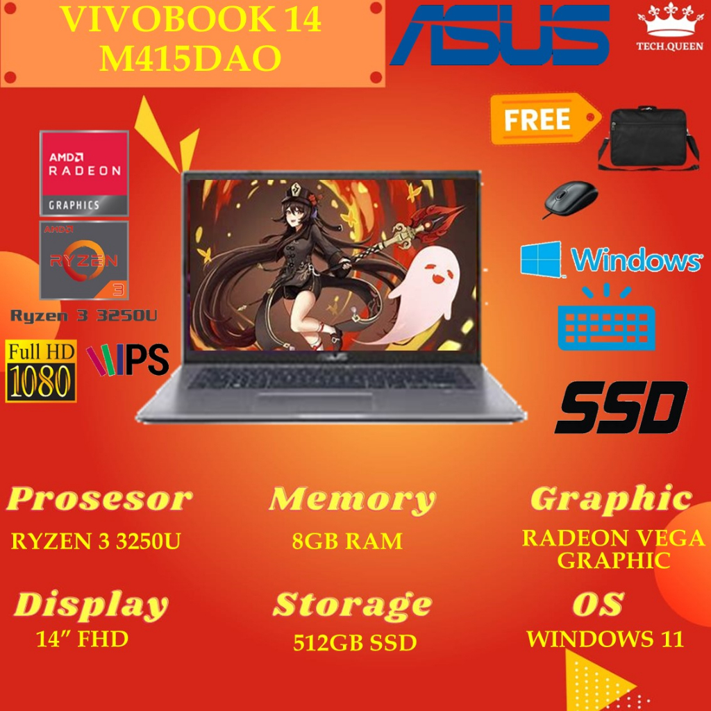 ASUS VIVOBOOK 14 M415DAO FHD351 - RYZEN 3 3250 8GB 512SSD VEGA3 WINDOWS 11+OHS 14.0 INCHI FHD GRY