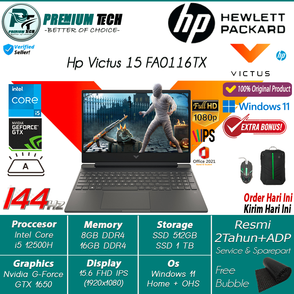 Laptop Gaming HP Victus 15 FA0011TX Intel i5 12500H Ram 16GB 512GB SSD FHD IPS Nvidia RTX3050 144Hz Windows 11 Resmi