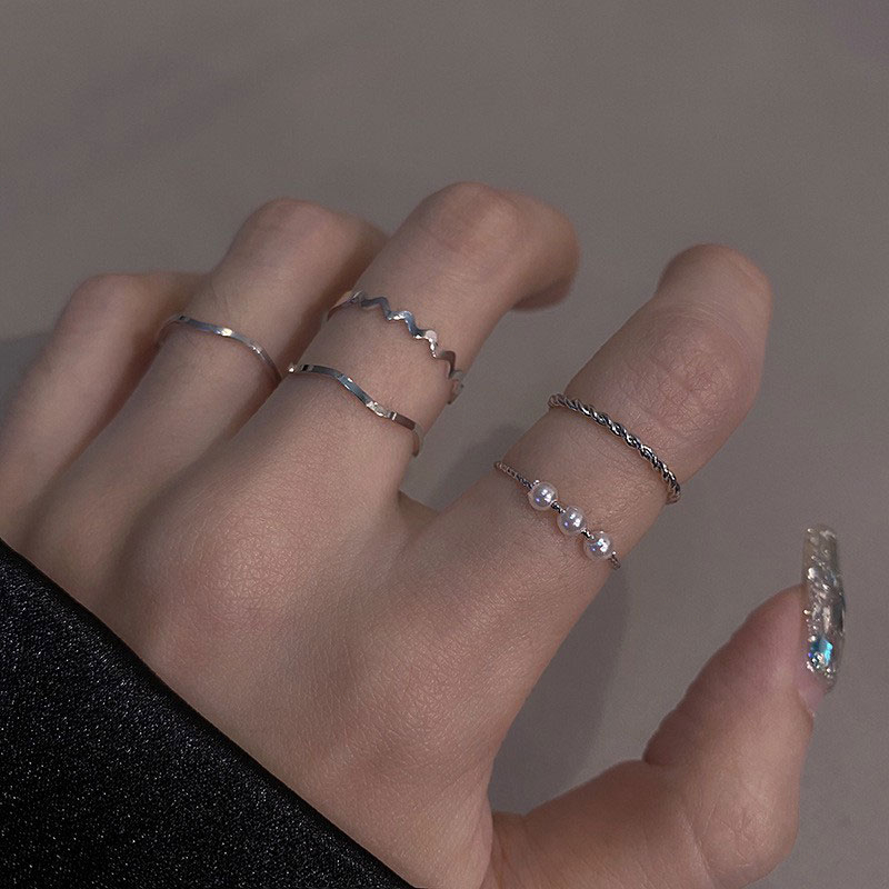 COD❤️ 5 pcs Cincin Set Fashion Aksen Berlian Imitasi Mutiara Untuk Wanita-A.one