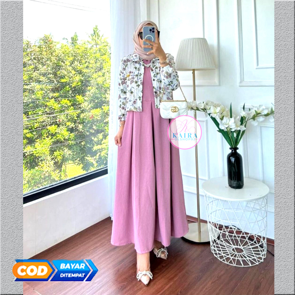 Keysha Set outher Dress 2in1 Bahan inner dan Outer Crinkle Airflow Gamis Wanita Dewasa Simple 2023 Mewah Casual dress Wanita Elegan modern Midi Dress Remaja hijab Fashion Wanita Muslim Terlaris