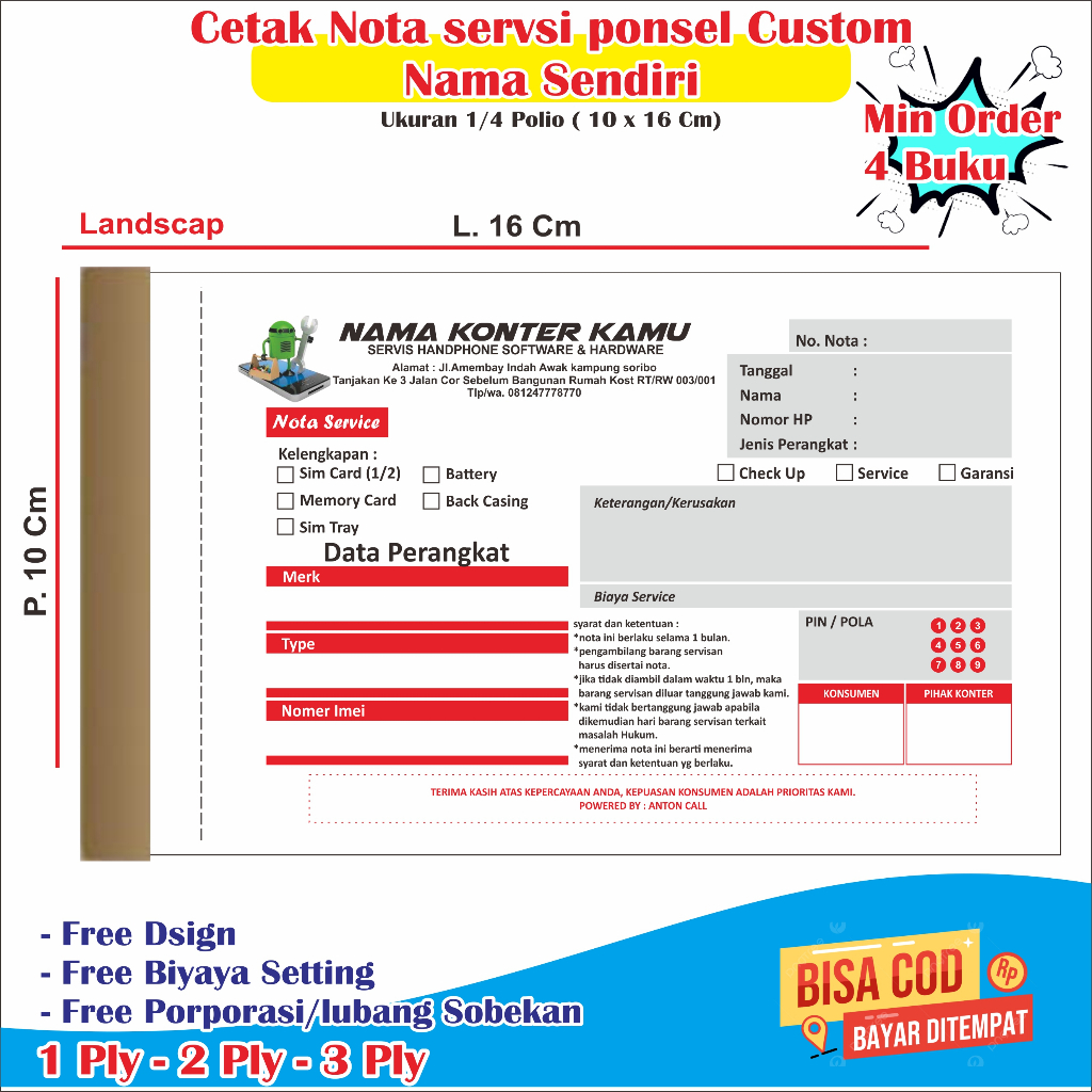 

Cetak Nota servis hp Custom Nama konter kamu sendiri ukuran 1/4 polio 10 x 16 cm buku nota servis hp cetak nota servis hp nota servis nota toko servis hp nota servis ponsel nota service hp