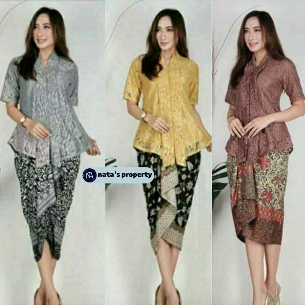 D37 setelan baju kebaya floy brukat wanita lengan pendek mix rok lilit instan batik pakaian tradisio